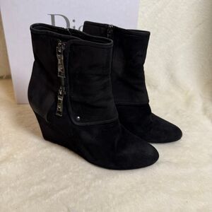 Dior Black Suede Leather Wedge Booties Size 38.5
